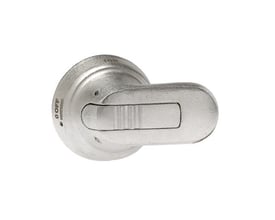 Nærbillede af ABB F.OT160-250E drejegreb i rustfrit stål, der viser låsefunktionen og 6mm akselmontering.