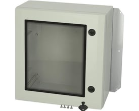 Fibox Arca 505021W vægskab i lysegrå plast med rudelåg og to låse, monteringsbeslag synlig til højre.