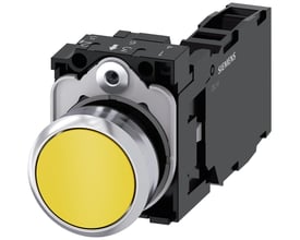 Siemens 22mm rund trykknap i metal med høj, gul knap og sort kontaktmodul, vist på hvid baggrund.