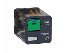 Schneider Electric Harmony RUM stikbensrelæ med 12V DC spole og 2 CO kontakter, viser den grønne testknap og LED indikator.