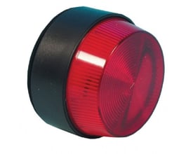 ADI rød blitzlampe med lav profil og kompakt design, 12V/DC, IP67 tæthed, vist på hvid baggrund.