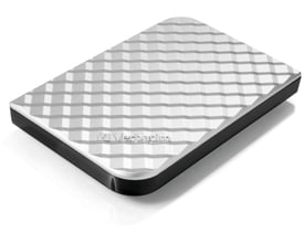 Verbatim Store n Go ekstern harddisk på 1 TB med sølvfarvet, mønstret top og sort kant, set skråt ovenfra.