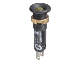 Schneider Electric gul LED-diode på 24V DC med en diameter på 8mm og en sort frontring. Den viser "Made in Spain" og mærket F.