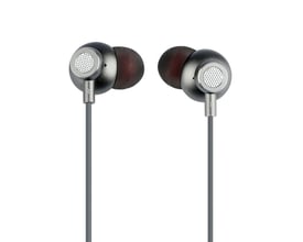 V-TAC VT-1032 øretelefoner i grå med ledning, vist forfra med fokus på ørepropper og højttalergitter.