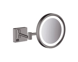 Hansgrohe AddStoris makeup spejl med 3x forstørrelse og integreret LED lys, udført i børstet sort krom og monteret på væggen.