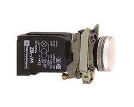 Komplet lampe fra Schneider Electric med hvid trykknap, kromring og mørk Transformer-enhed til 110-120VAC.