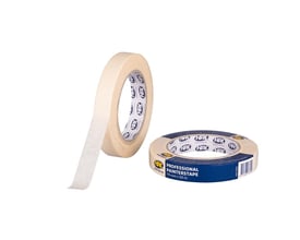 HPX afdækningstape i beige, 19 mm x 50 meter, vises som en rulle med tapen delvist afrullet ved siden af en lukket rulle.