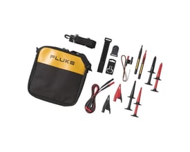 Oversigtsbillede af Fluke TLK289 testledningssæt inklusive bæretaske, magnetisk strop og forskellige testprober.