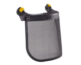 Petzl Vizen Mesh ansigtsvisir i sort plast med gul Easy-Clip fastgørelse til montering på hjelm.