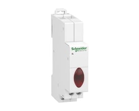 Set fra siden er Schneider Electric iIL signallampen med tre røde LED-indikatorer tydeligt vist, fremhævet af den hvide enhed og en tydelig rød linse.