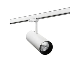 Hvid SG Armaturen Tube Eco LED-skinnespot med sort reflektorkant monteret på en 3-faset skinne.