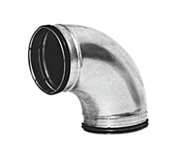 Lindab bøjning BU 6390, 90 grader, 63mm i galvaniseret stål præsenteret på hvid baggrund.