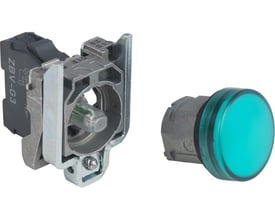 Schneider Electric Harmony Style 4 trykknap med grøn LED, 120V AC, 22 mm hulmål, viser modulet og den grønne trykknap separat.