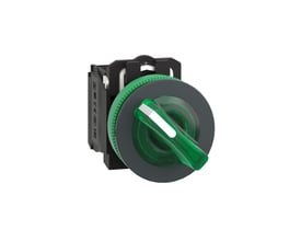 Bagfra af Schneider Electric Harmony XB5 drejegreb flush, viser mærkningssymboler som CE og EAC på den sorte bagmonteringsenhed.