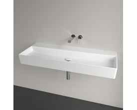 Monteret Villeroy & Boch Memento 2.0 møbelvask, 120cm bred, hvid porcelæn, vist på en væg med krom vandhaner og afløb.