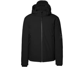 Sort ID GAME vintersoftshelljakke fra ID Identity i størrelse M, model 0898, set forfra med hætte, lynlås og to stiklommer.