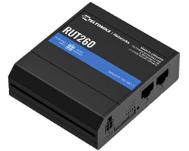 Sort Teltonika RUT260 Cat 6 Wi-Fi-router set skråt ovenfra med Ethernet-porte og tilslutninger synlige.