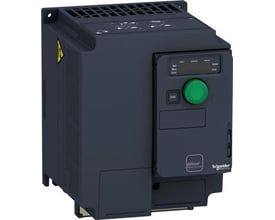 Schneider Electric ATV320 frekvensomformer vist skråt forfra med kontrolpanelet fremhævet, inklusive grøn drejeknap og display.