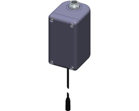 3D-rendering af Oras Electra power unit i mørkegrå, med fokus på den rektangulære form, skruedetaljer og frakoblet kabelstik.