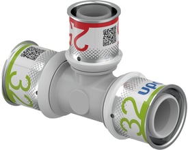 Uponor S-Press t-stykke i grå PPSU-plast med diametre 32x25x32 mm, hvid baggrund.