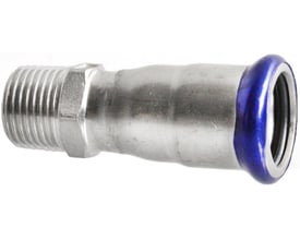 Unico rustfri overgangsnippel med 1 1/2" udvendigt gevind og 42mm pressmuffe med blå EPDM O-ring.