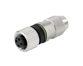 Weidmüller M12 A-kodet rundstik med 4 poler og isolationsforskydning, vist på hvid baggrund.