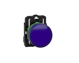 Schneider Electric XB5 signallampe med LED teknologi, 240V spænding og blå farve, isoleret på hvid baggrund.