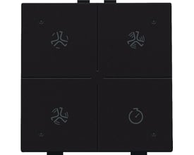 Niko ventilationstryk i mørkebrun med fire symboler: tre ventilatorer og et ur. En lille LED-indikator ses på nederste højre knap.