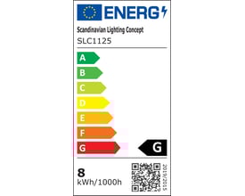 Energimærke for SLC One Soft LED downlight, viser energiklasse G og 8 kWh/1000h.