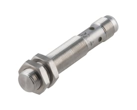 Carlo Gavazzi induktiv aftaster ICF12L45F04M1IO med lang, sølvfarvet M12-husform, gevind og 4 mm tasteafstand.