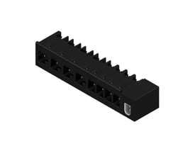 Sort Weidmüller-hybridkonnektor til printkort med otte poler, 7,50 mm pin-afstand og 90° udgående vinkel, set skråt fra oven.