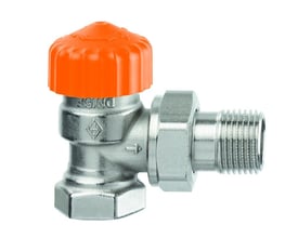 IMI Ventilhus Eclipse F 1/2" vinkelløbende set fra siden, med synlig mærkning DN15F og orange top.