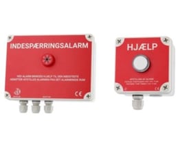 To røde indespærringsalarmer med hvide sider og skruer monteret, den ene med trykknap til alarm og tekst om hjælp.
