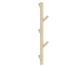 Beslagsboden lodret knagerække med fem knager i bøgetræ og matte grå detaljer, set forfra med kroge i skiftende retninger.