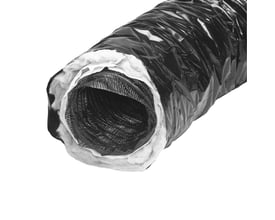 Nærbillede af Lindab Thisol flexslange, der viser lagene af perforeret væv, 15mm mineraluldsisolering og sort plast yderside.