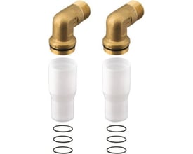 Nærbillede af Hansgrohe 1/2" vinkellækagesikringer i messing, viser gevind og monteringsdetaljer med tilbehør.