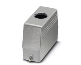 Detalje af Phoenix Contact stikhus B24, viser den ru overflade og lige kabeludgang med M32 forskruning.