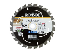Ironside rundsavklinge til træ, 165 mm med 24 tænder, set forfra med sort og sølvfarvet tryk.