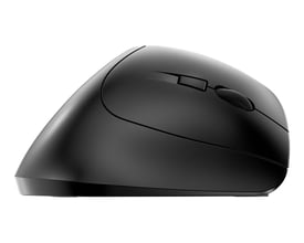 Sort ergonomisk trådløs mus fra Cherry, model JW-4500, set fra siden med hjul og knap på oversiden.