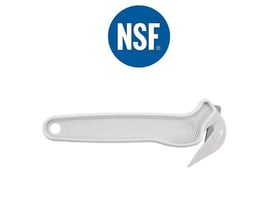 PHC hvid fødevaregodkendt skærer med NSF-certificering, ideel til madservice og produktion på hvid baggrund.