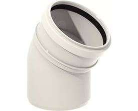 Uponor Decibel hvid afløbsbøjning på 30° og 110 mm, set tæt på muffens åbning med den mørke tætningsring.