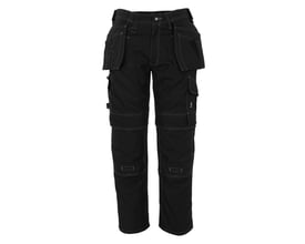 Detaljeret billede af Mascot Hardwear Ronda håndværkerbuks i sort, med fremhævede CORDURA®-forstærkninger og kontrastsyninger.