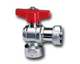Cimberio kuglehane med vinkel og rødt T-greb, 3/4" x 3/4", egnet til drikkevand, varme og køl.
