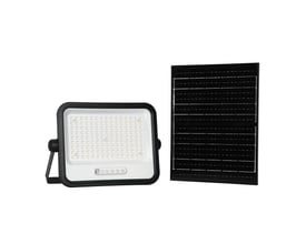 V-TAC 300W LED projektør med separat solpanel i sort hus, vist isoleret på hvid baggrund med stor detaljegrad.