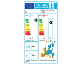 Energimærke for ELL Solid mørk varmepumpe indedel, viser energiklasse A++ (varme) og A+++ (køl).