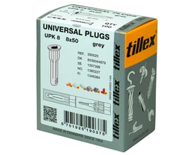 Pakke med 100 stk. Tillex Plugs Uni UPK8 universal plugs i grå farve, 8x50 mm med krave.