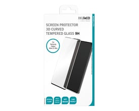 Deltaco skærmbeskyttelse til Samsung Galaxy Note 20 Ultra, 3D Curved tempered glass 9H, vist på emballage med produktinformation.