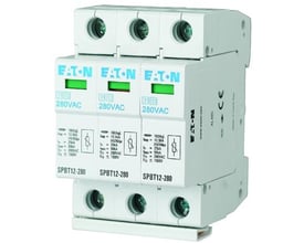 Eaton transientbeskyttelse, 3-polet modul til din skinne, 280VAC og 25kA, vist på hvid baggrund.