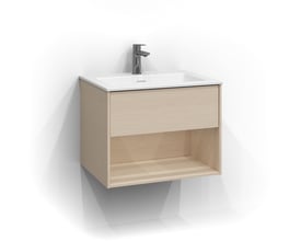 Svedbergs Spika brusesystem med termostat og cc 150 mm er angivet som produkt, men billedet viser et lyst badeværelsesskab med vask og armatur.