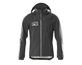 Sort Mascot skaljakke 18001-249 med hætte, synlige refleksdetaljer og ID-kortholder foran på brystet.